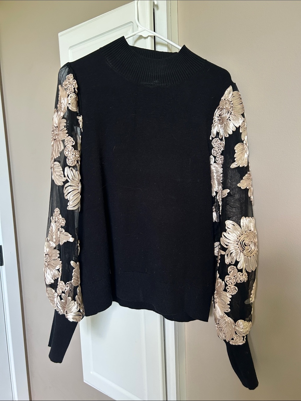 JODIFL Black Sweater with Champagne Floral Embroidered Sheer Balloon Sleeves
